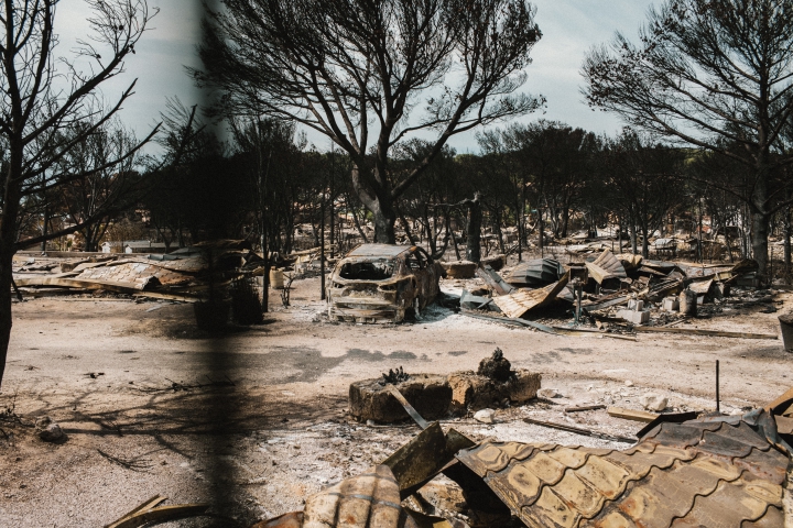  August 18, 2020. Martigues. France. Back to the scene of the fire that ravaged early August 2020 more than 1000 hectares in the town of Martigues, near Marseille. The Camping Lou Cigaloun is ravaged by the flames.18 aout 2020. Martigues. France. Retour sur les lieux de l?incendie qui a ravag? d?but aout 2020 plus de 1000 hectares sur la commune de Martigues, pres de Marseille. Le Camping Lou Cigaloun est ravag? par les flammes.